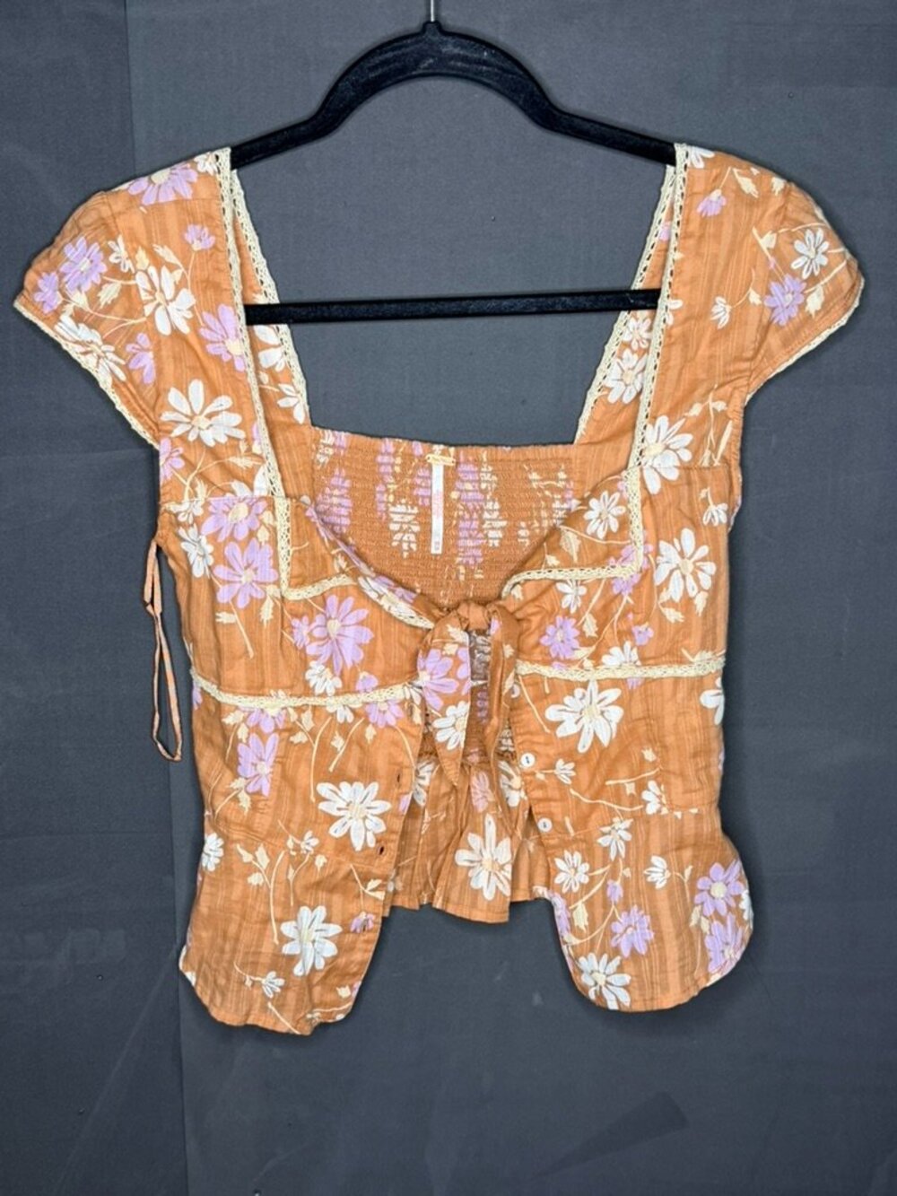 NWT Free People Blouse Women XS Brown Square Neck Tie Front Floral Boho Crop Top